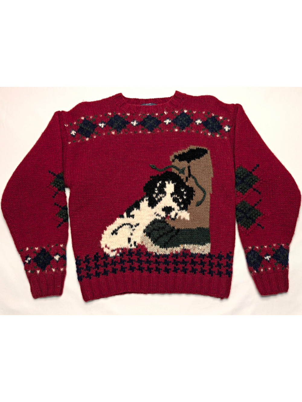 VTG Woolrich Women's Red Wool Chunky-Knit Fair Isle Dog Crewneck Sweater Sz L